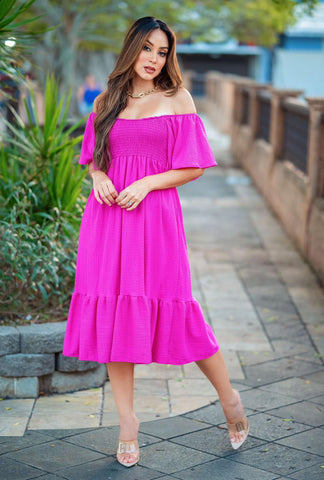 Solid Ruffled Magenta Maxidress